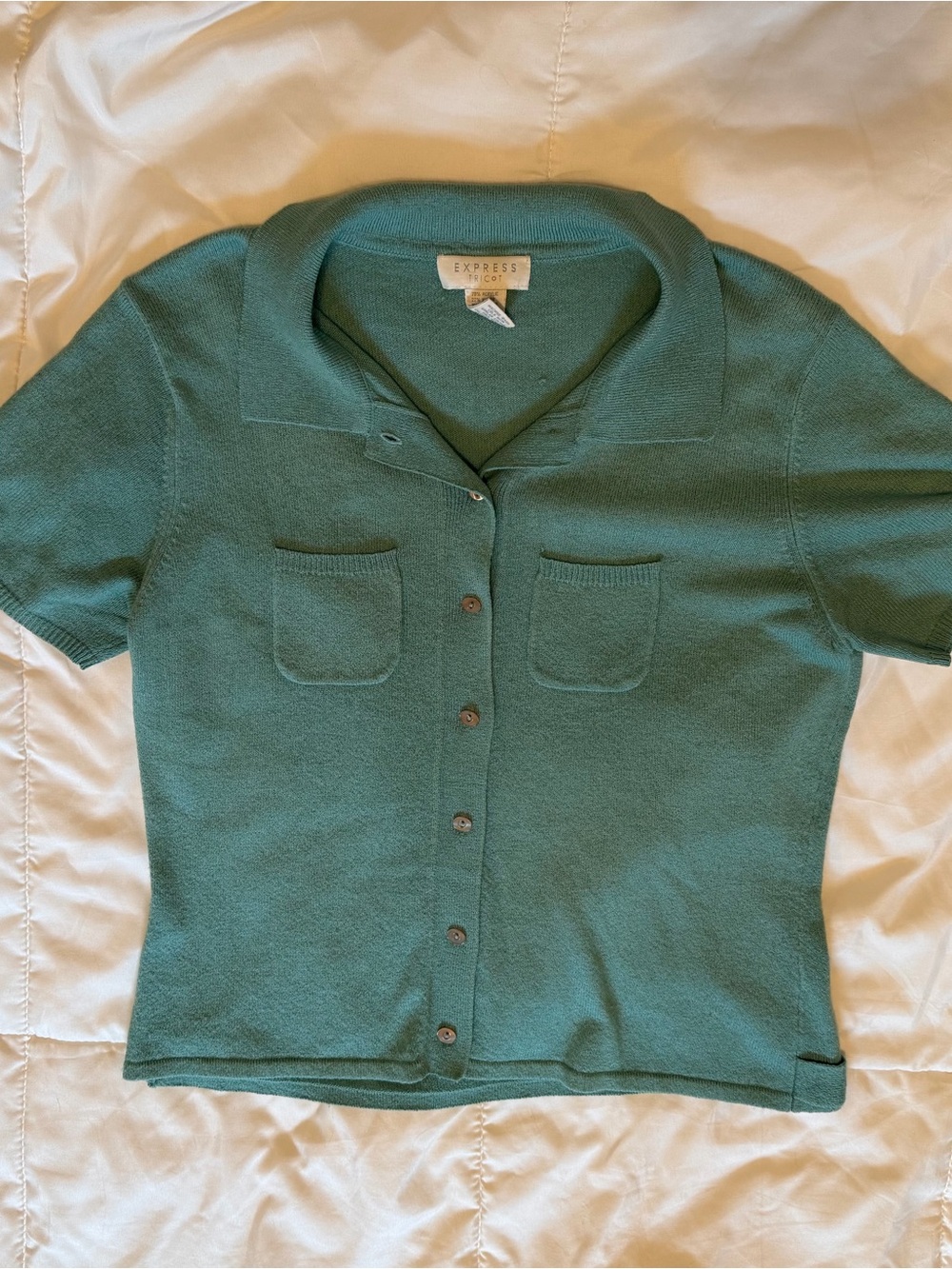 Express Tricot Teal Short-Sleeve Button-Up Polo Shirt